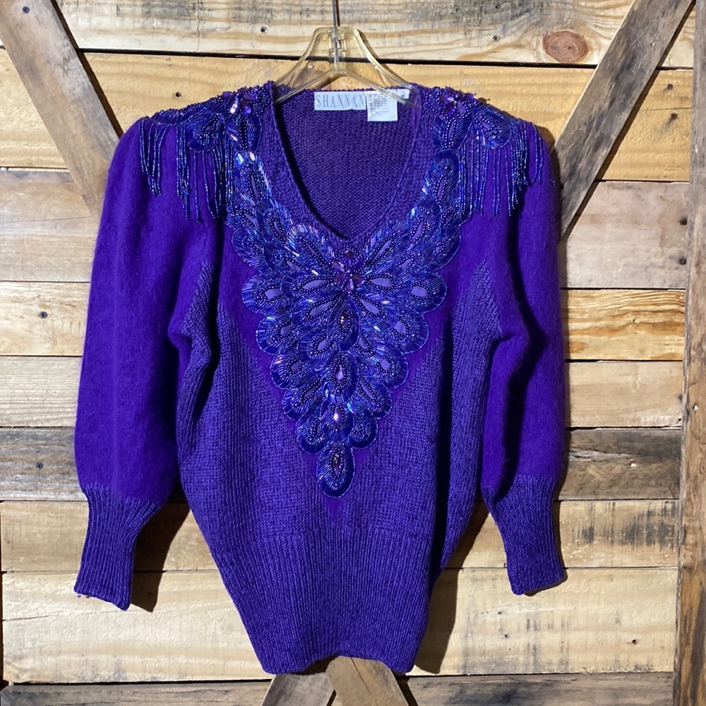 Shannan Angora Blend Sweater Rhinestones & Beads Size M